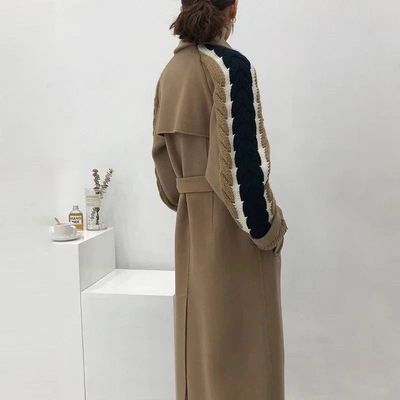 Trendy Custom Lady Wool Coat Splicing Sweater Sleeve Women Cashmere Coat