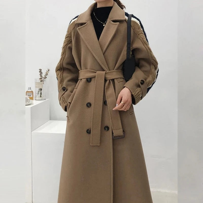 Trendy Custom Lady Wool Coat Splicing Sweater Sleeve Women Cashmere Coat
