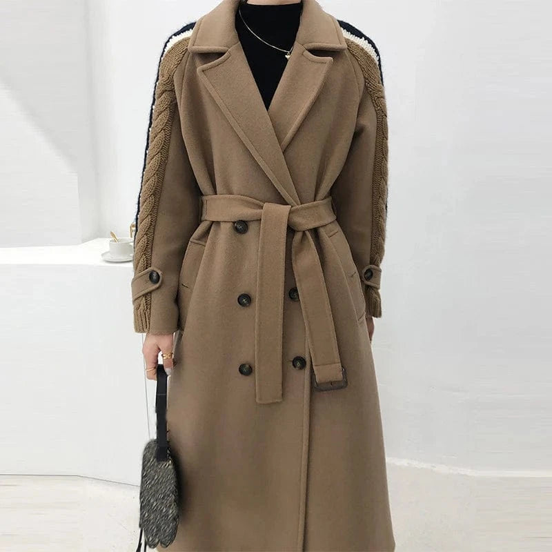 Trendy Custom Lady Wool Coat Splicing Sweater Sleeve Women Cashmere Coat