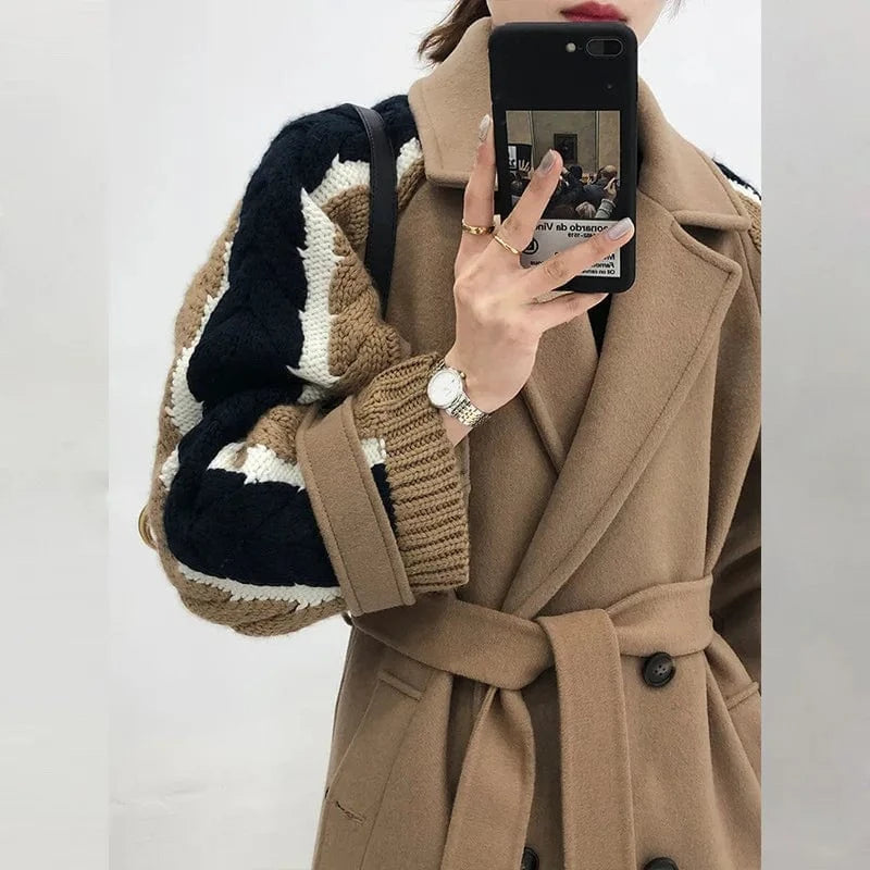 Trendy Custom Lady Wool Coat Splicing Sweater Sleeve Women Cashmere Coat