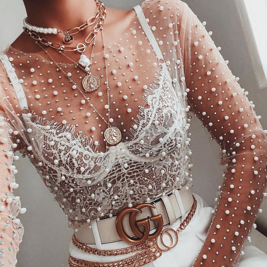 Trendy fashion streetwear club sexy transparent see through mesh top women luxury sheer long sleeve pearl crop top