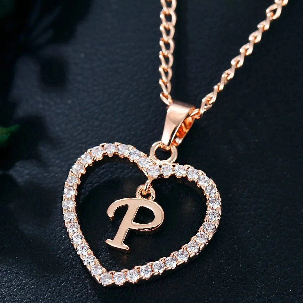 TRENDY / gold / P Fashion Custom Heart Initial Rhinestones Letter Name Choker Necklace For Women Pendant Jewelry