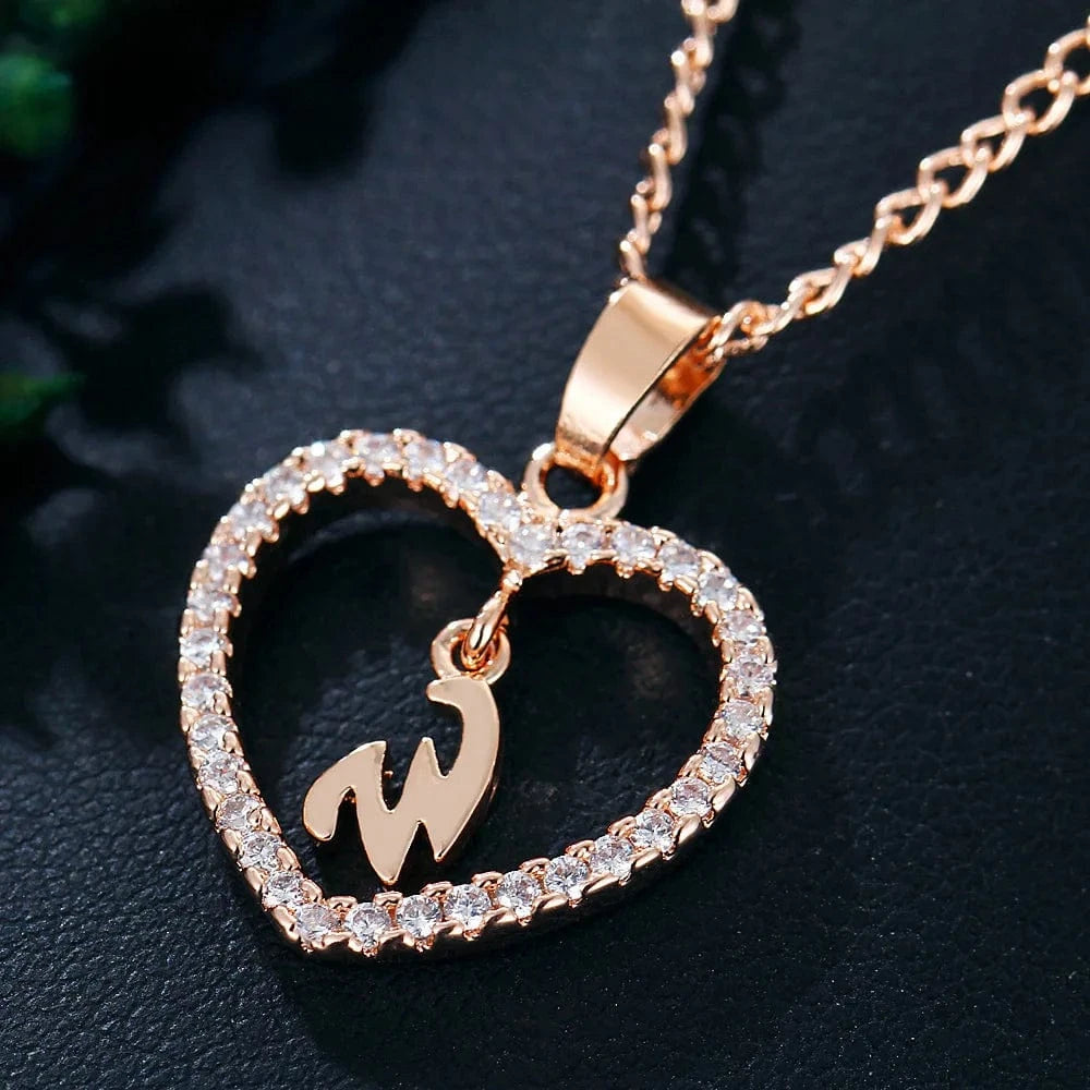TRENDY / gold / W Fashion Custom Heart Initial Rhinestones Letter Name Choker Necklace For Women Pendant Jewelry