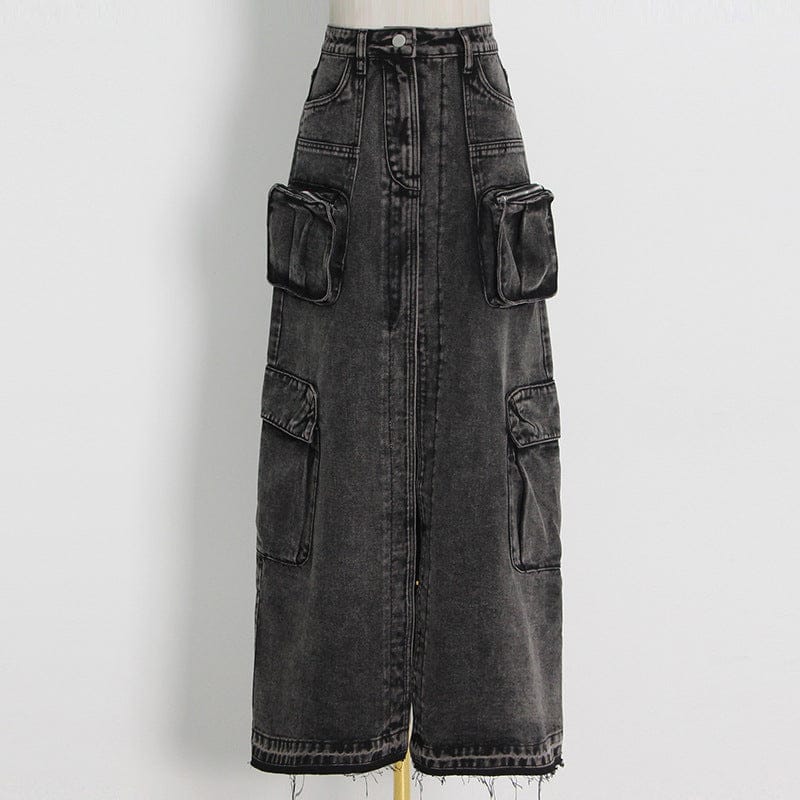 Trendy high street style spring long front split design solid color female highwaist skirts straight jean skirt
