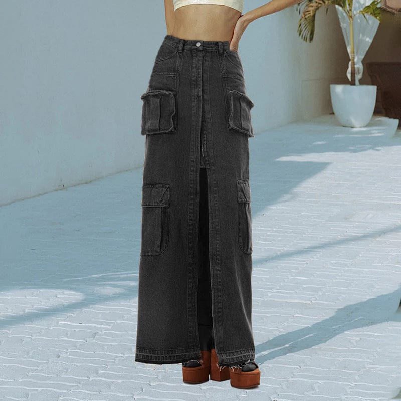 Trendy high street style spring long front split design solid color female highwaist skirts straight jean skirt