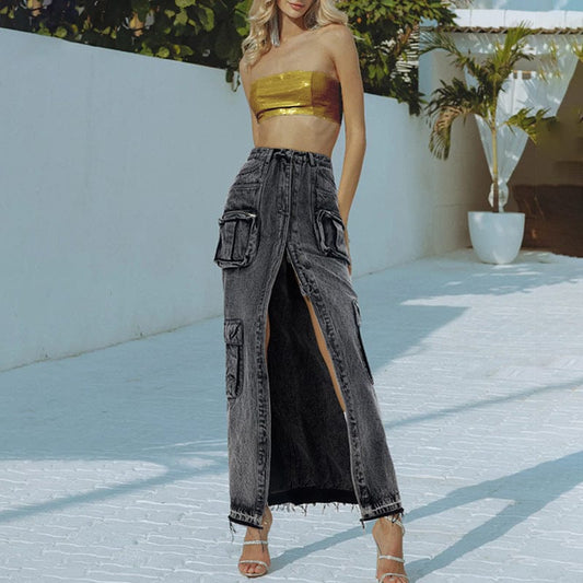 Trendy high street style spring long front split design solid color female highwaist skirts straight jean skirt