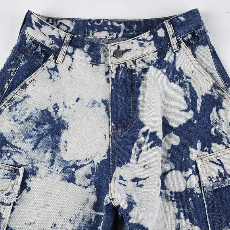 Trendy Streetwear Ladies Casual Washed Denim Baggy Pocket Straight Cargo Pants Trousers Tie Dye Women's Jeans