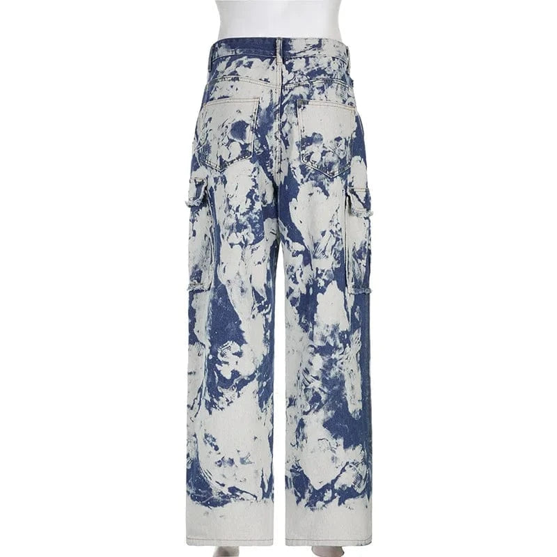 Trendy Streetwear Ladies Casual Washed Denim Baggy Pocket Straight Cargo Pants Trousers Tie Dye Women's Jeans