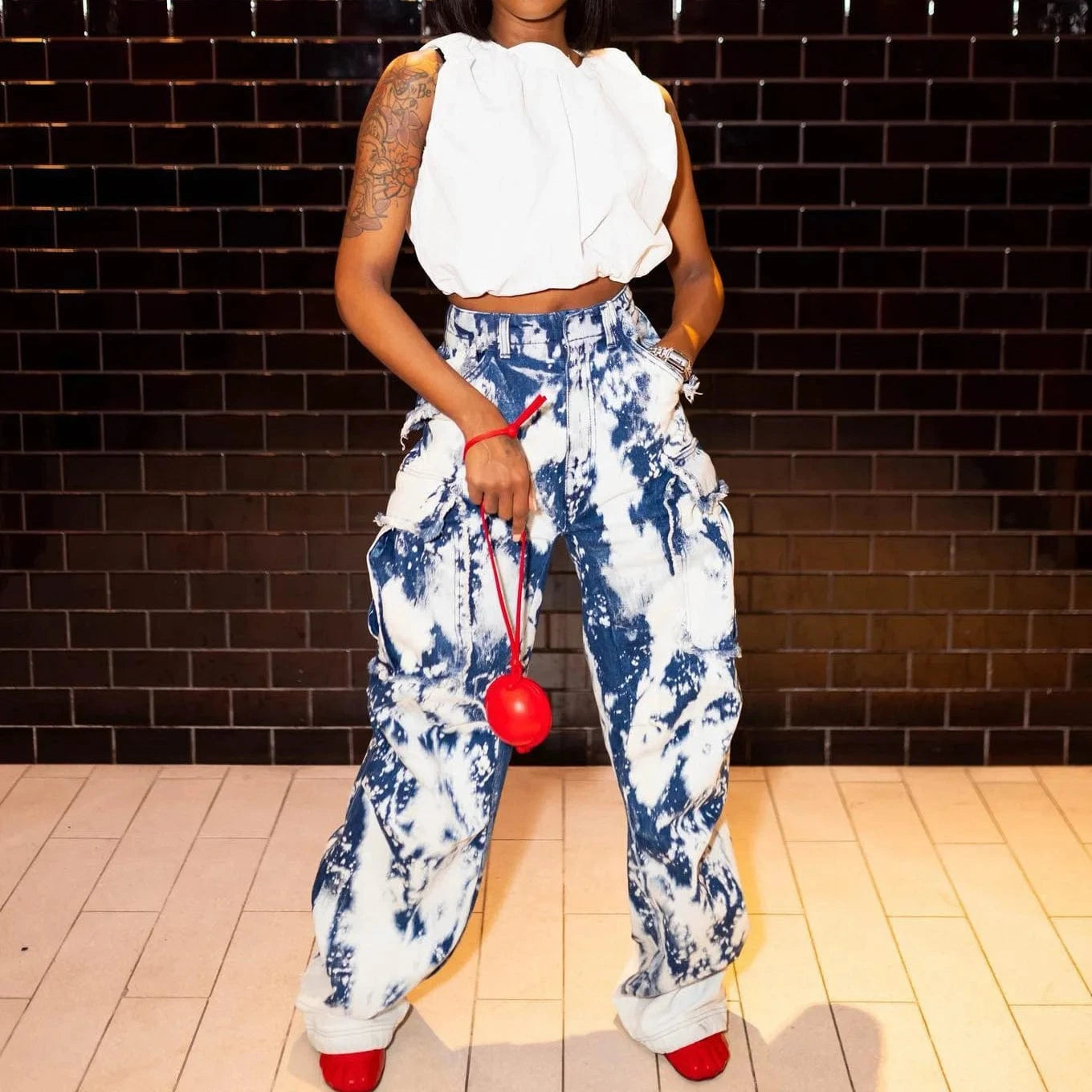 Trendy Streetwear Ladies Casual Washed Denim Baggy Pocket Straight Cargo Pants Trousers Tie Dye Women's Jeans