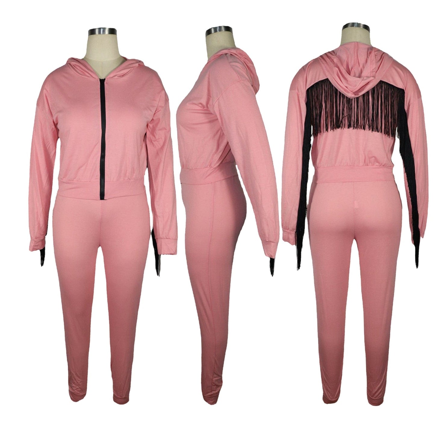 Trendy Women Clothes 2022 Hot Sale  Fashion Solid Color Zipper Hooded Track Pants Set with Fringed