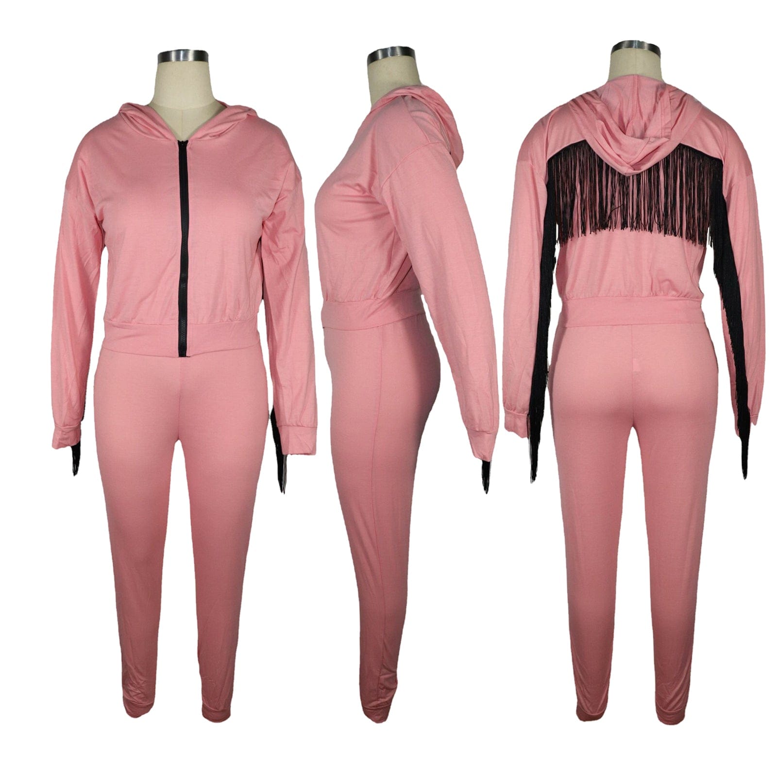 Trendy Women Clothes 2022 Hot Sale  Fashion Solid Color Zipper Hooded Track Pants Set with Fringed