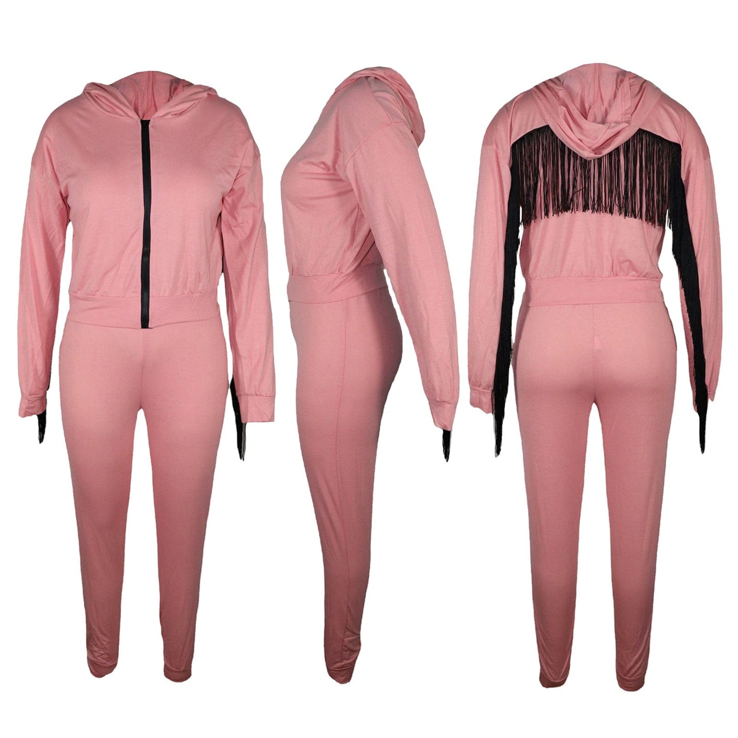Trendy Women Clothes 2022 Hot Sale  Fashion Solid Color Zipper Hooded Track Pants Set with Fringed