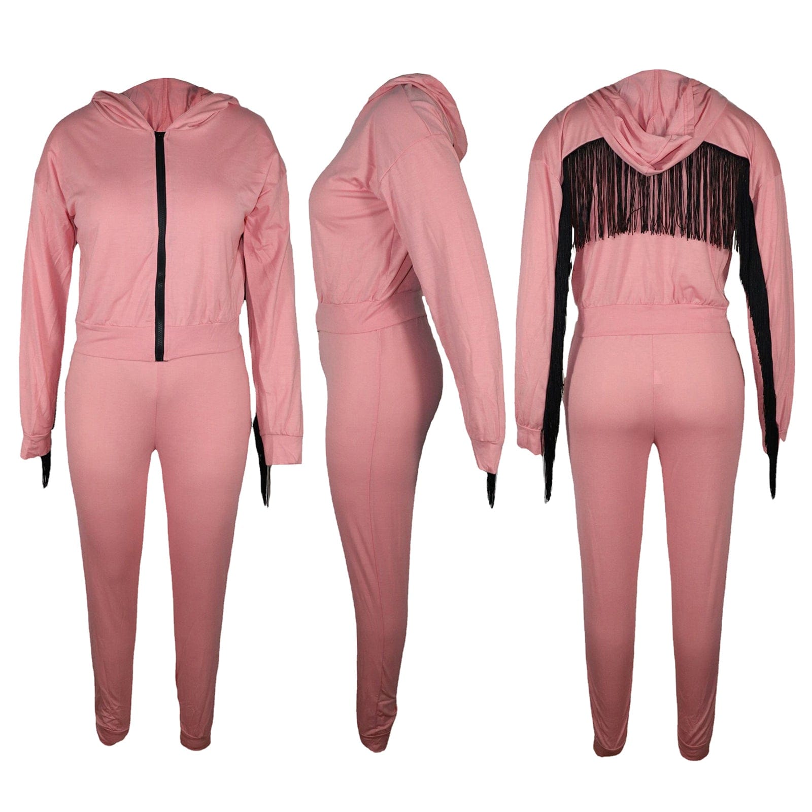Trendy Women Clothes 2022 Hot Sale  Fashion Solid Color Zipper Hooded Track Pants Set with Fringed