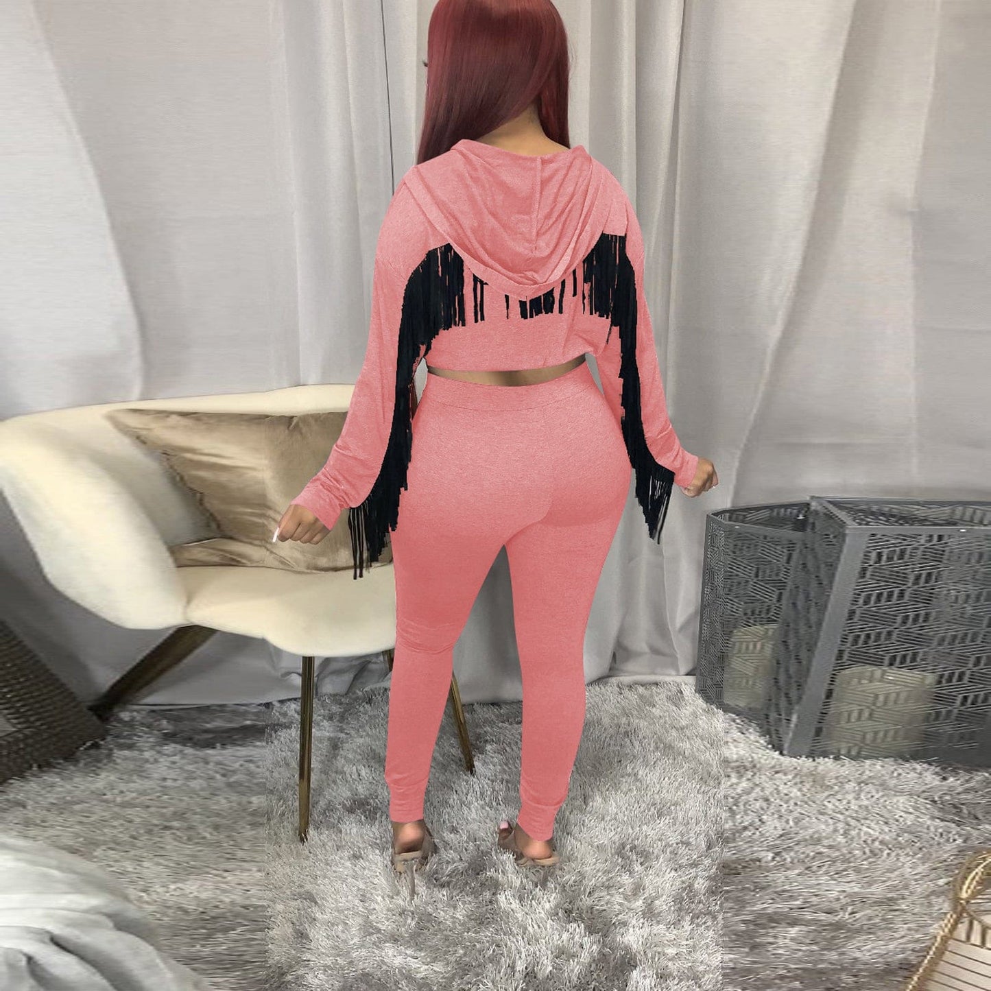Trendy Women Clothes 2022 Hot Sale  Fashion Solid Color Zipper Hooded Track Pants Set with Fringed