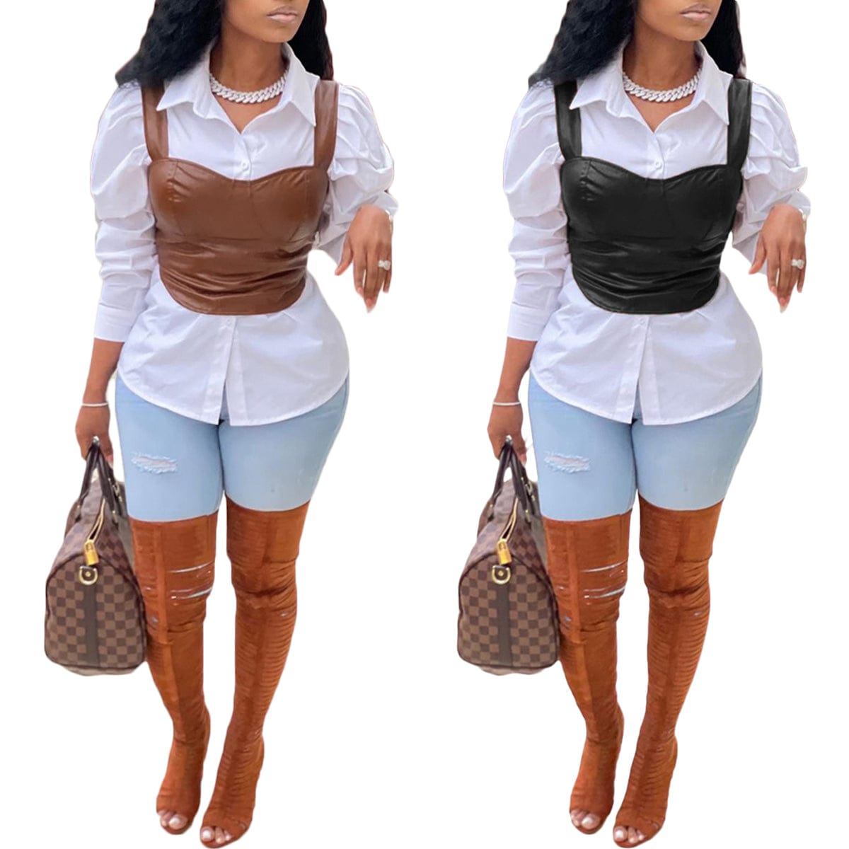 Trendy Women Clothes 2022 New Arrivals Casual Solid Brown PU Leather Vest Square Collar Tops Without Shirt