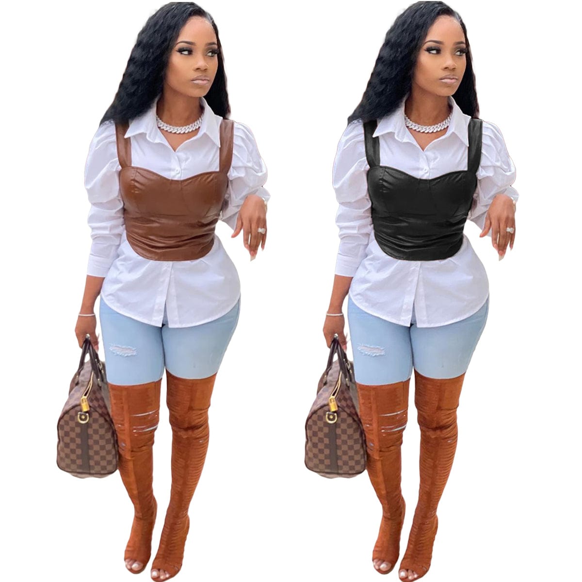 Trendy Women Clothes 2022 New Arrivals Casual Solid Brown PU Leather Vest Square Collar Tops Without Shirt