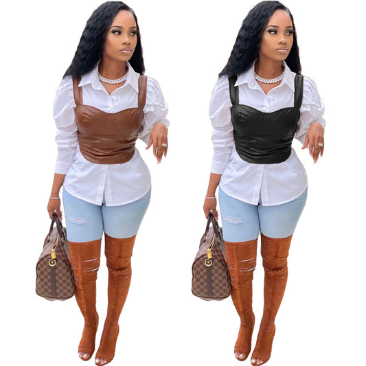 Trendy Women Clothes 2022 New Arrivals Casual Solid Brown PU Leather Vest Square Collar Tops Without Shirt