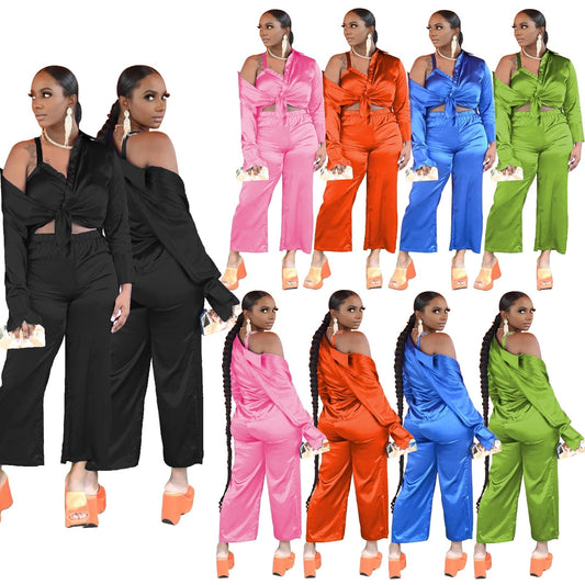 Trendy Women Clothes 2022 Women Clothes Lounge wear Set Clothing Crop Vest Blouse And Wide Pants Tracksuit Fall 3 Piece Sets