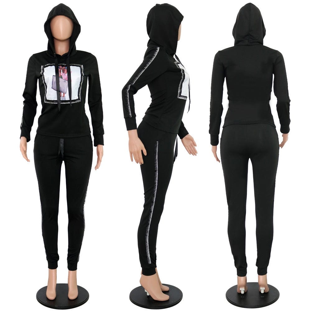 Trendy Women Clothes Appliques Hooded Collar Long Sleeve Top & Pants