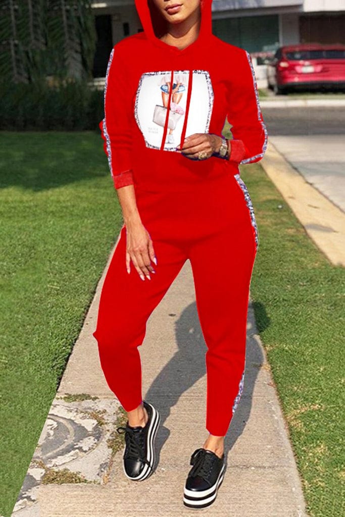 Trendy Women Clothes Appliques Hooded Collar Long Sleeve Top & Pants