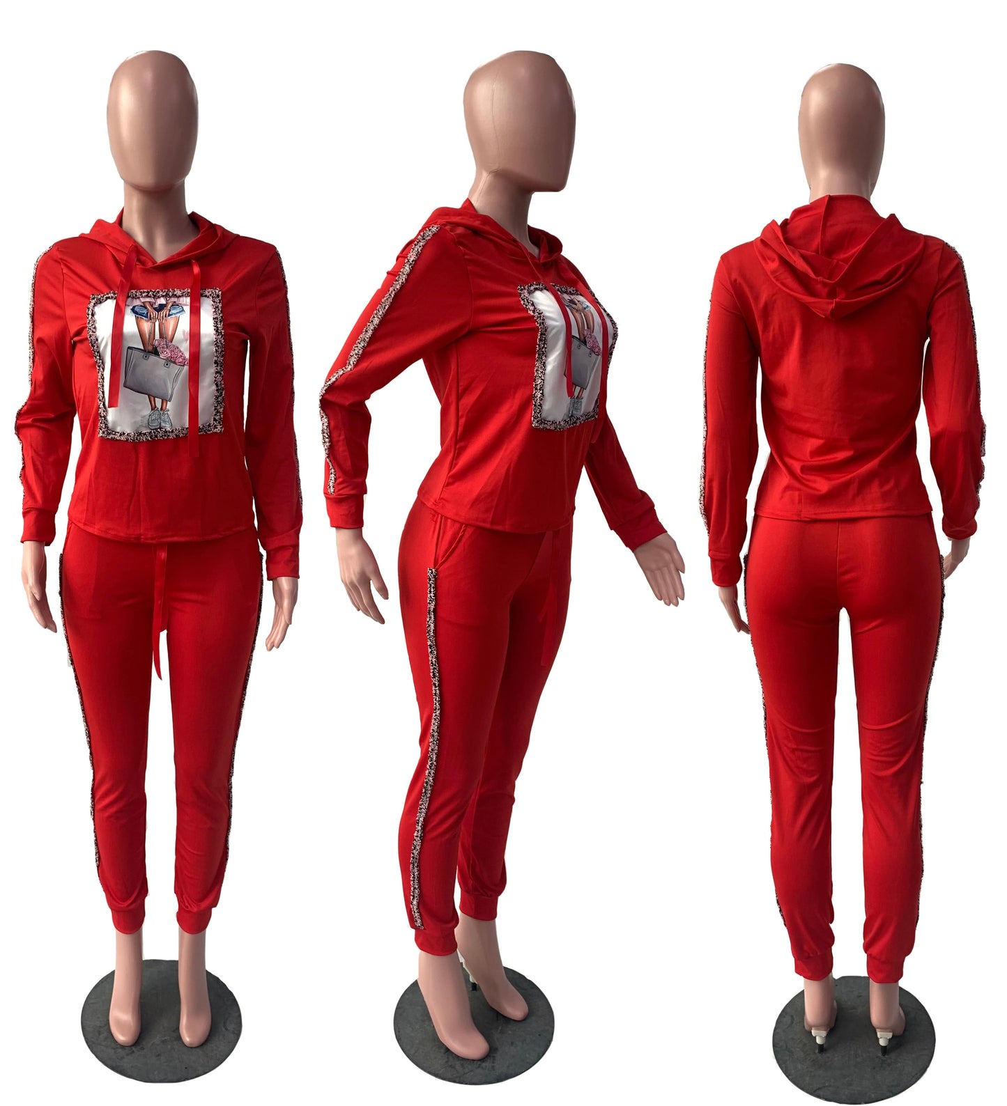 Trendy Women Clothes Appliques Hooded Collar Long Sleeve Top & Pants