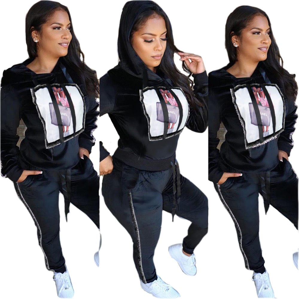 Trendy Women Clothes Appliques Hooded Collar Long Sleeve Top & Pants