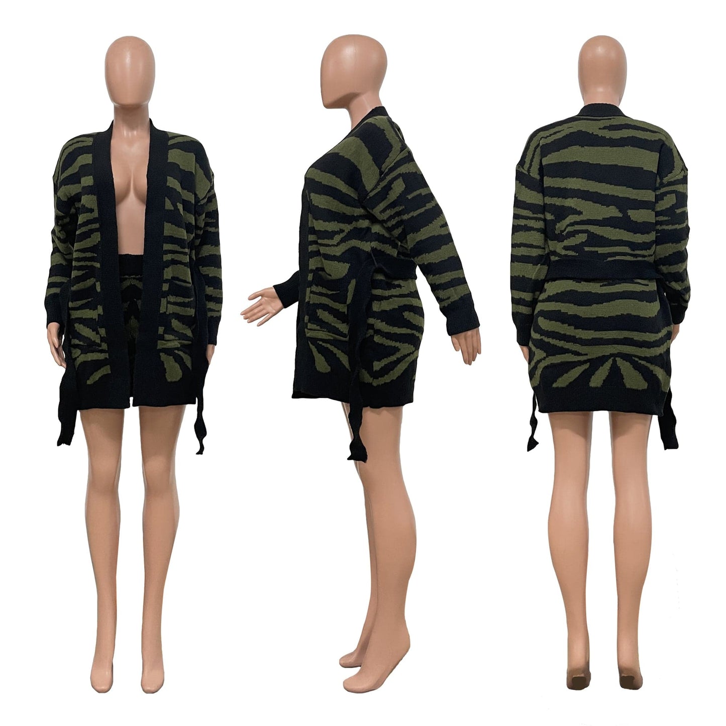 Trendy Women Clothes Autumn 2 Pieces Sets Sweater Outfit Manual Knitted Leopard Coat Shorts with Belt
