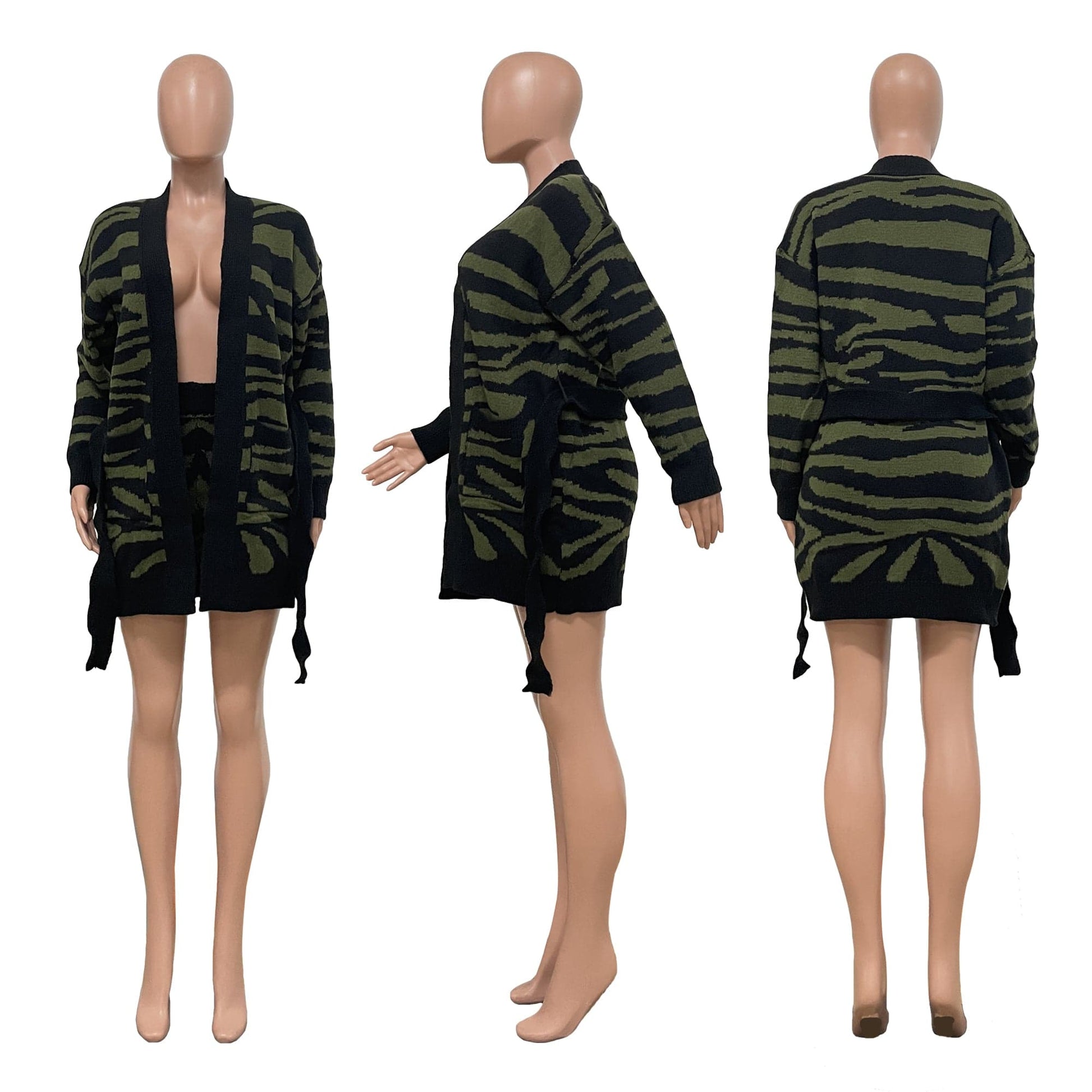 Trendy Women Clothes Autumn 2 Pieces Sets Sweater Outfit Manual Knitted Leopard Coat Shorts with Belt