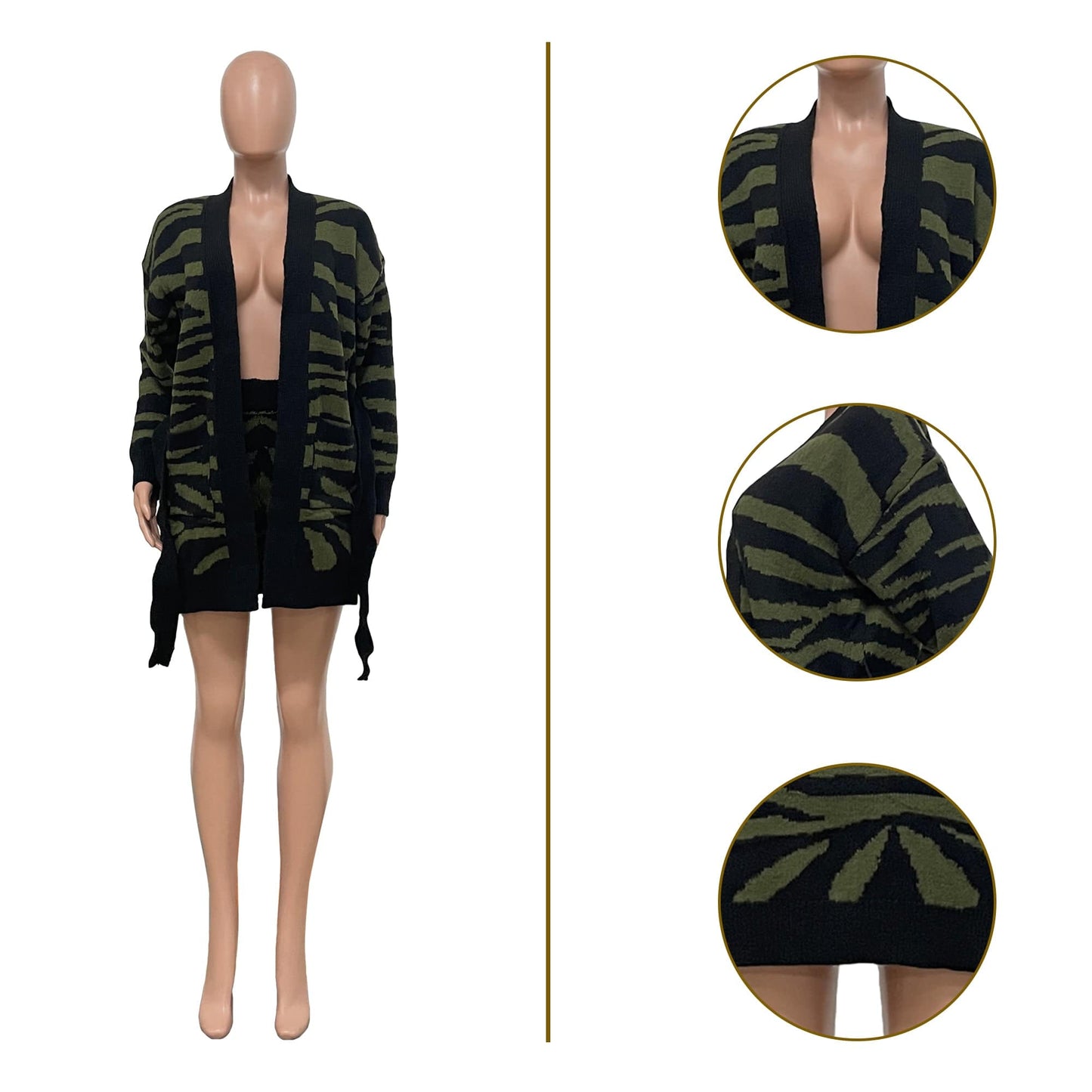 Trendy Women Clothes Autumn 2 Pieces Sets Sweater Outfit Manual Knitted Leopard Coat Shorts with Belt