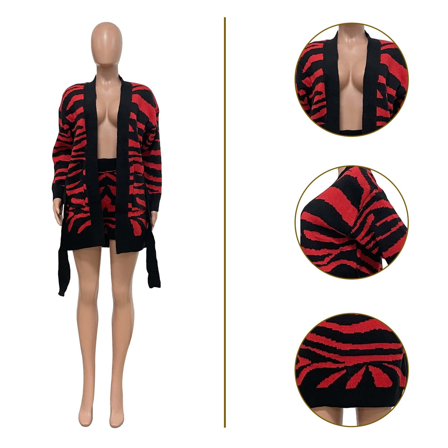 Trendy Women Clothes Autumn 2 Pieces Sets Sweater Outfit Manual Knitted Leopard Coat Shorts with Belt