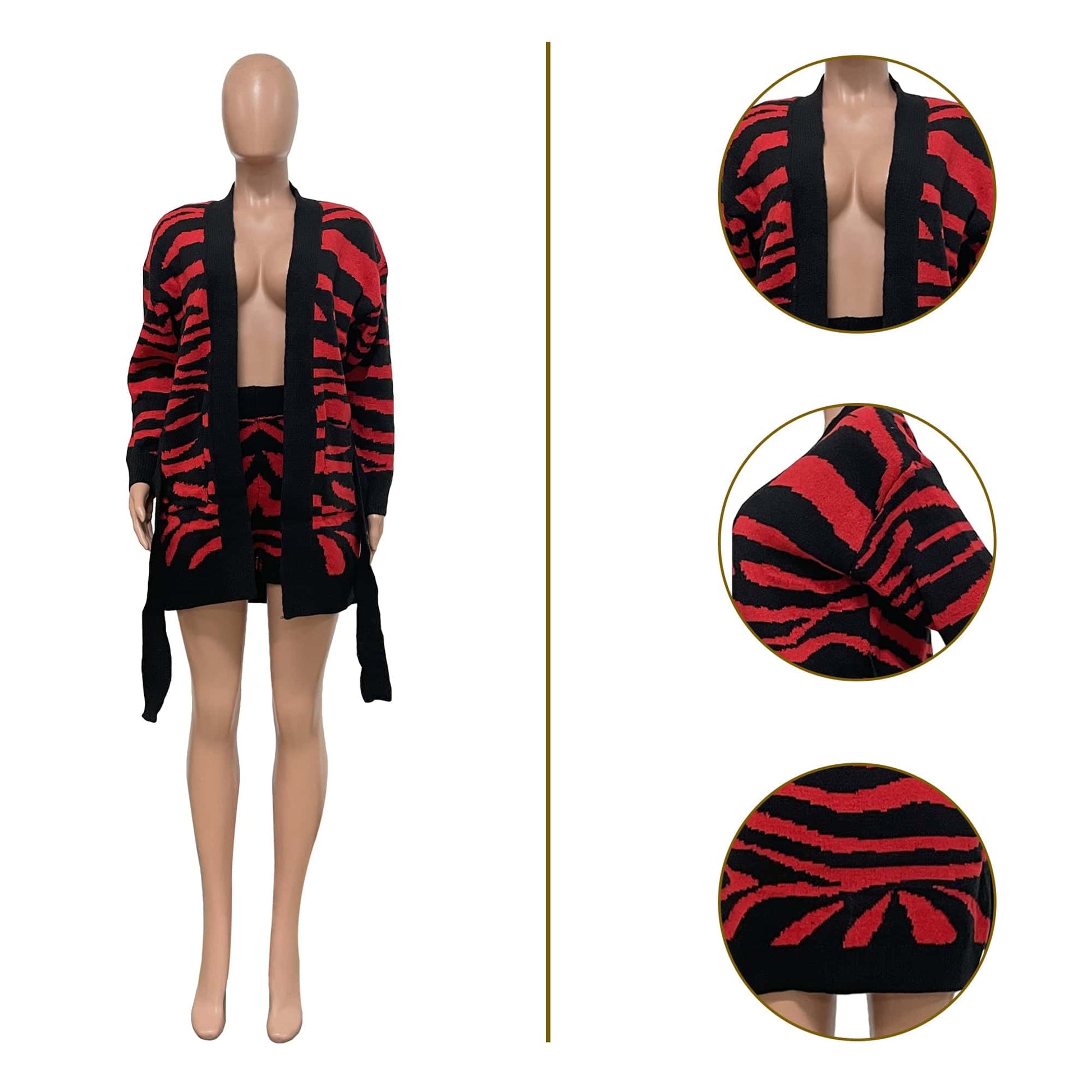 Trendy Women Clothes Autumn 2 Pieces Sets Sweater Outfit Manual Knitted Leopard Coat Shorts with Belt