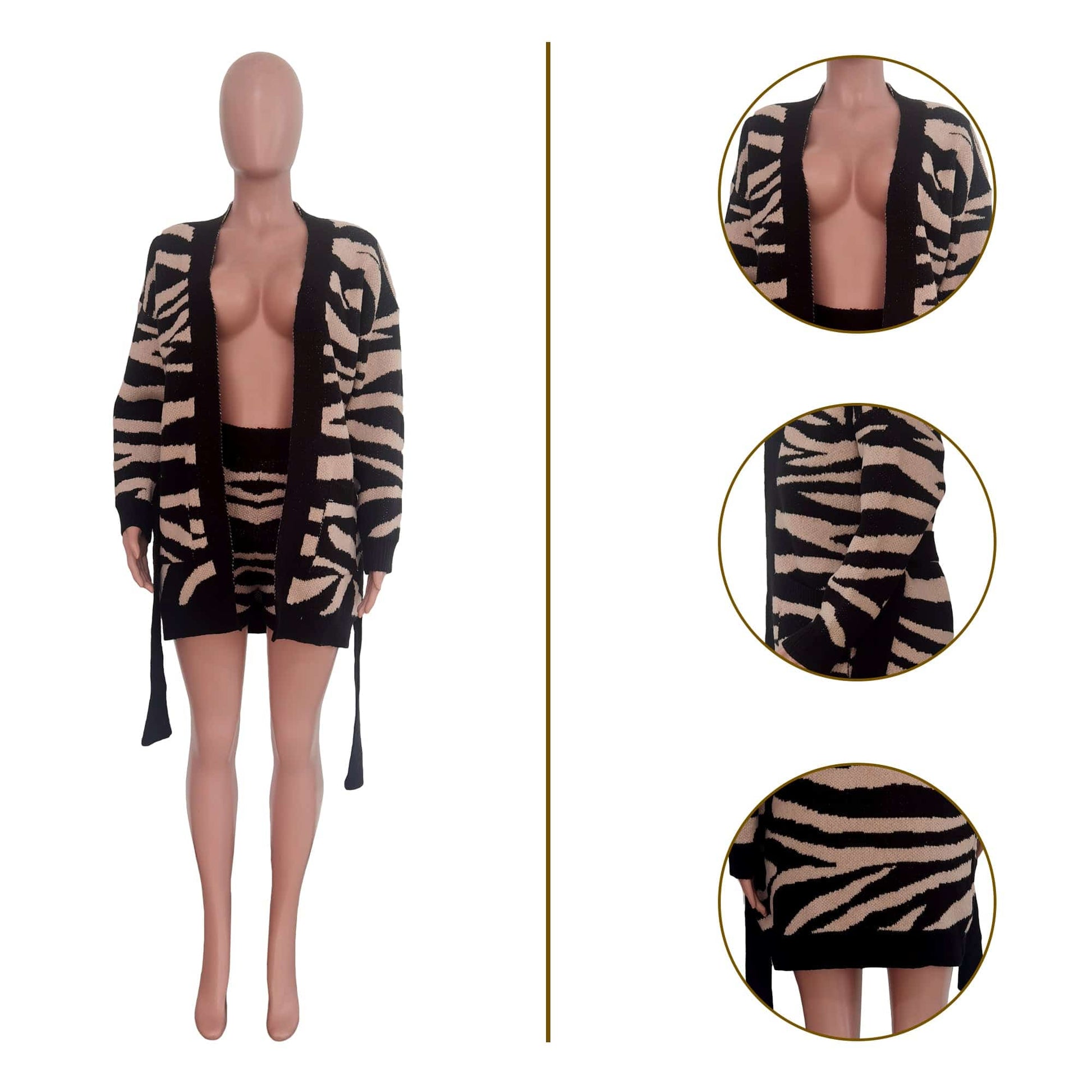 Trendy Women Clothes Autumn 2 Pieces Sets Sweater Outfit Manual Knitted Leopard Coat Shorts with Belt