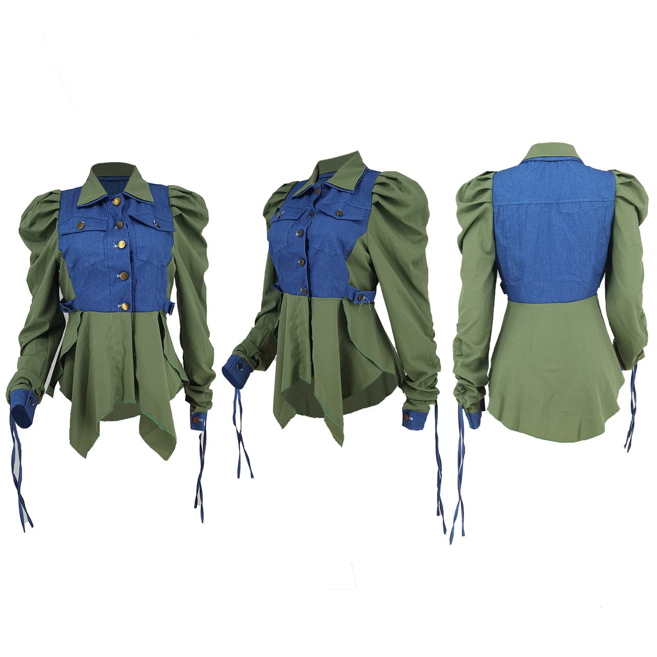 Trendy Women Clothes Autumn Double Collar Adjustable Tie Puff Long Sleeve Ruffle Denim Jacket