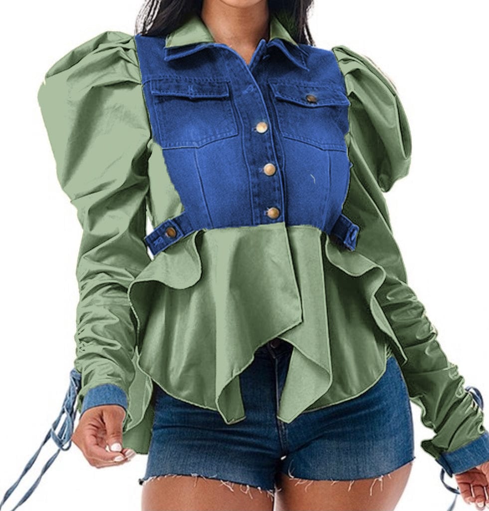 Trendy Women Clothes Autumn Double Collar Adjustable Tie Puff Long Sleeve Ruffle Denim Jacket
