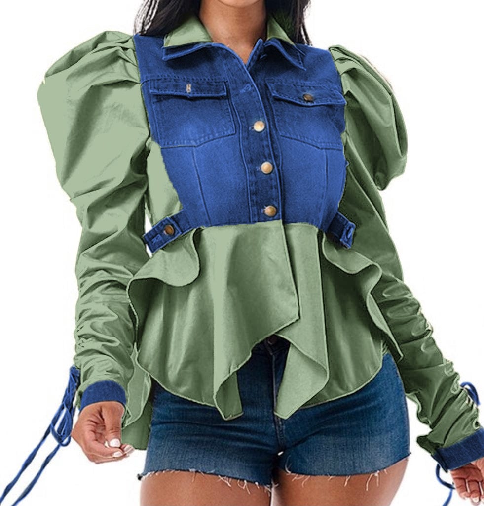 Trendy Women Clothes Autumn Double Collar Adjustable Tie Puff Long Sleeve Ruffle Denim Jacket