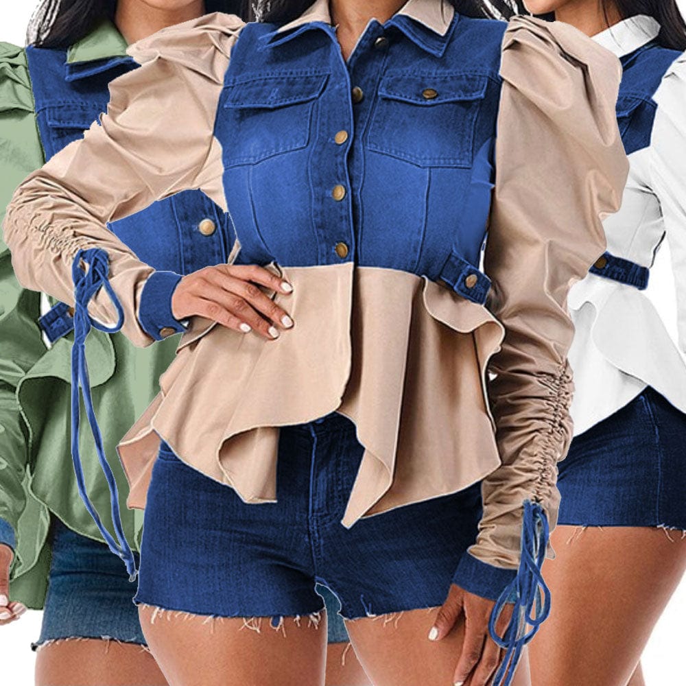 Trendy Women Clothes Autumn Double Collar Adjustable Tie Puff Long Sleeve Ruffle Denim Jacket