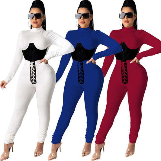 Trendy Women Clothes Autumn Fashion Women Solid Round Neck Long Sleeve Zipper Top Belted Pants 2 Pcs