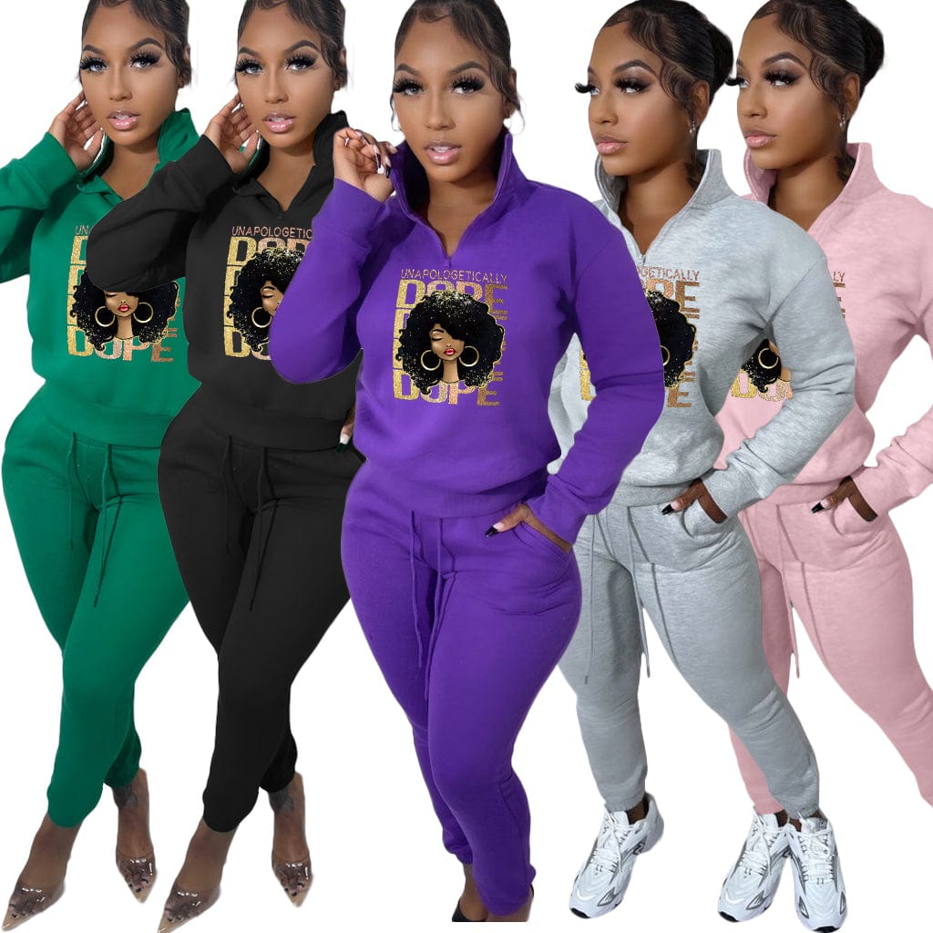 Trendy Women Clothes Autumn/Winter Printed Pattern Fleece Pullover Zipper High Neck Casual Sports 2 Pieces