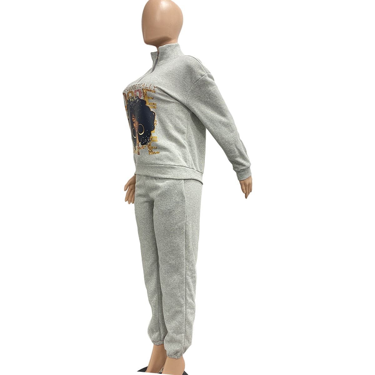 Trendy Women Clothes Autumn/Winter Printed Pattern Fleece Pullover Zipper High Neck Casual Sports 2 Pieces