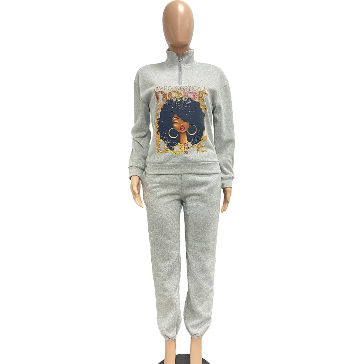 Trendy Women Clothes Autumn/Winter Printed Pattern Fleece Pullover Zipper High Neck Casual Sports 2 Pieces