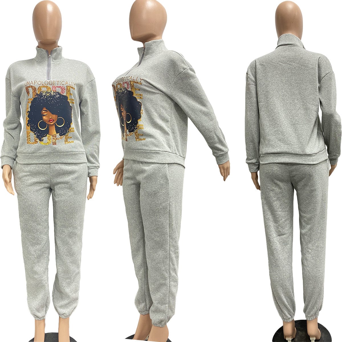 Trendy Women Clothes Autumn/Winter Printed Pattern Fleece Pullover Zipper High Neck Casual Sports 2 Pieces