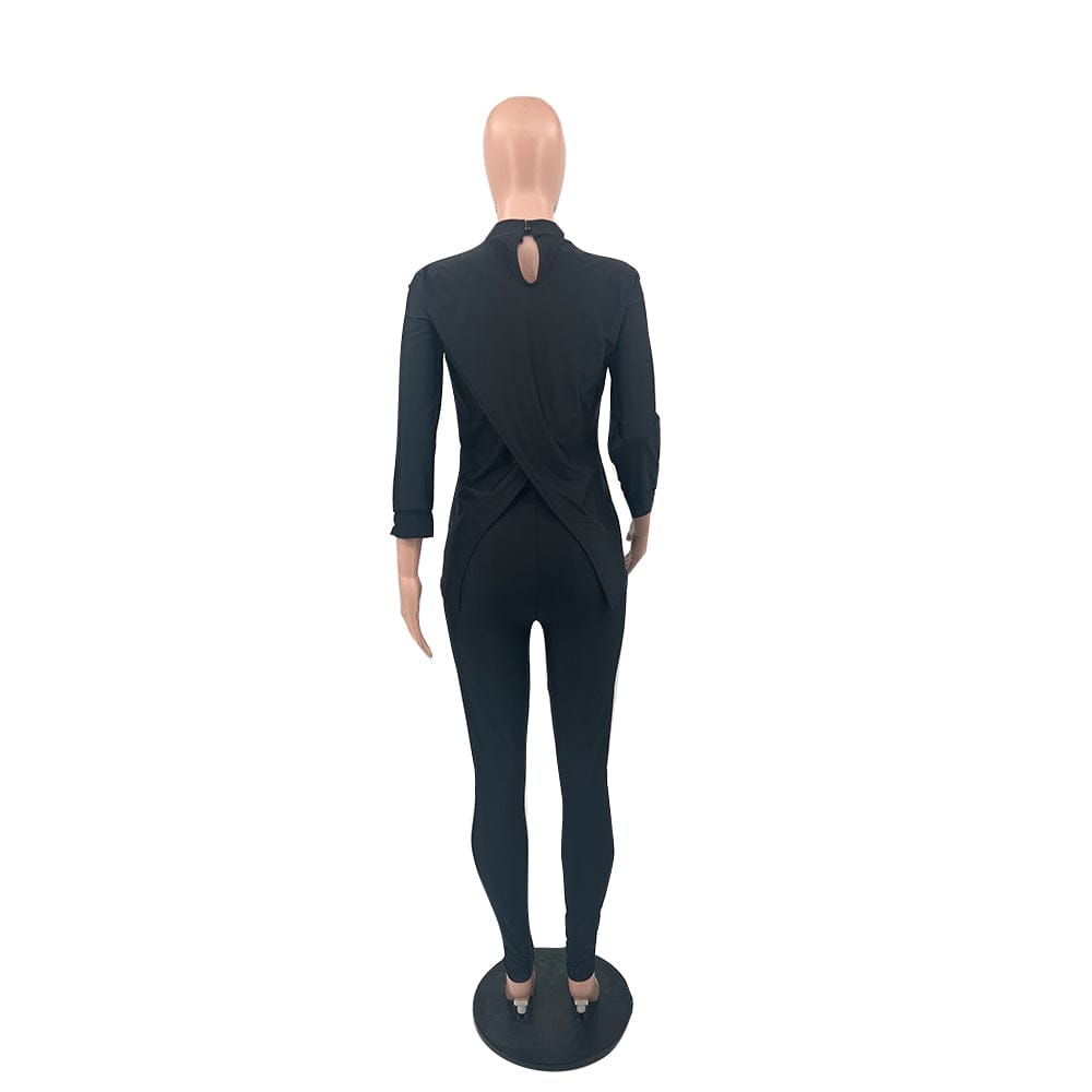 Trendy Women Clothes Casual Daily Solid Slit Turtleneck Long Sleeve Two Pieces Matching Sets