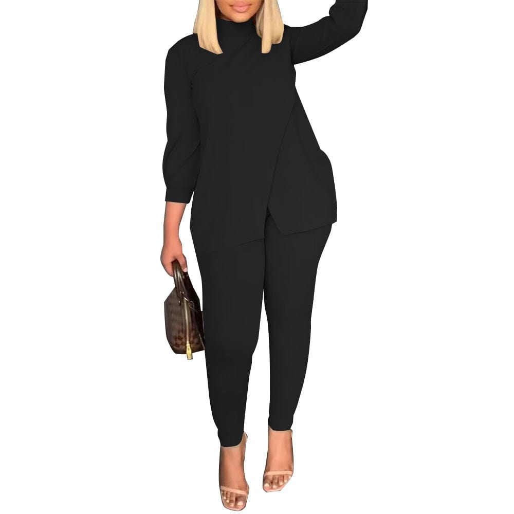 Trendy Women Clothes Casual Daily Solid Slit Turtleneck Long Sleeve Two Pieces Matching Sets
