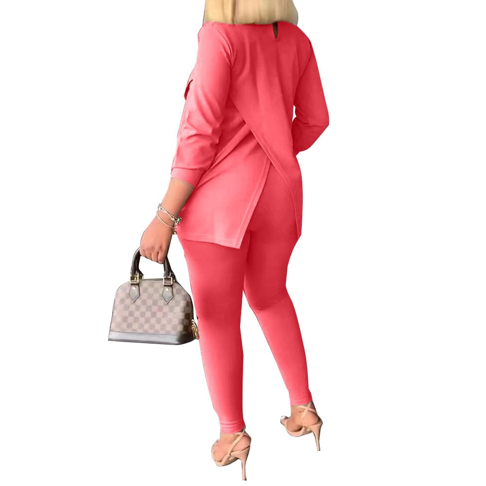 Trendy Women Clothes Casual Daily Solid Slit Turtleneck Long Sleeve Two Pieces Matching Sets