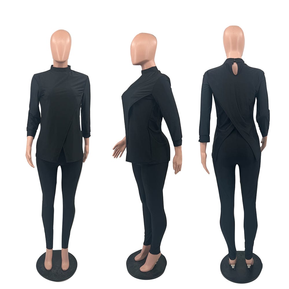 Trendy Women Clothes Casual Daily Solid Slit Turtleneck Long Sleeve Two Pieces Matching Sets