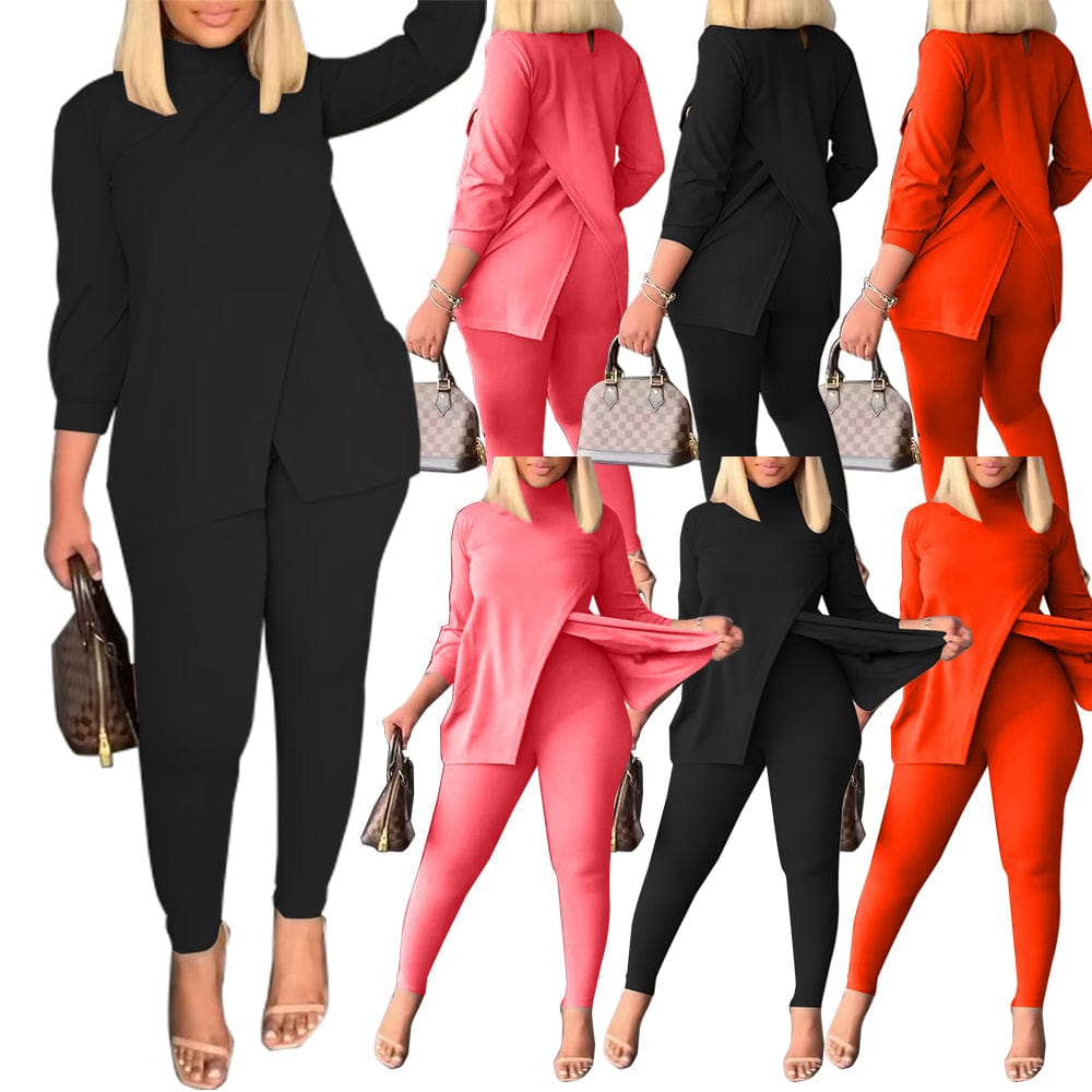 Trendy Women Clothes Casual Daily Solid Slit Turtleneck Long Sleeve Two Pieces Matching Sets