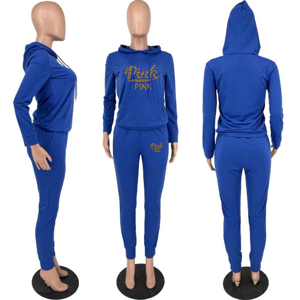 Trendy Women Clothes Casual Pocketed Printed Drawstring Hooded Collar Long Sleeve Two Pieces
