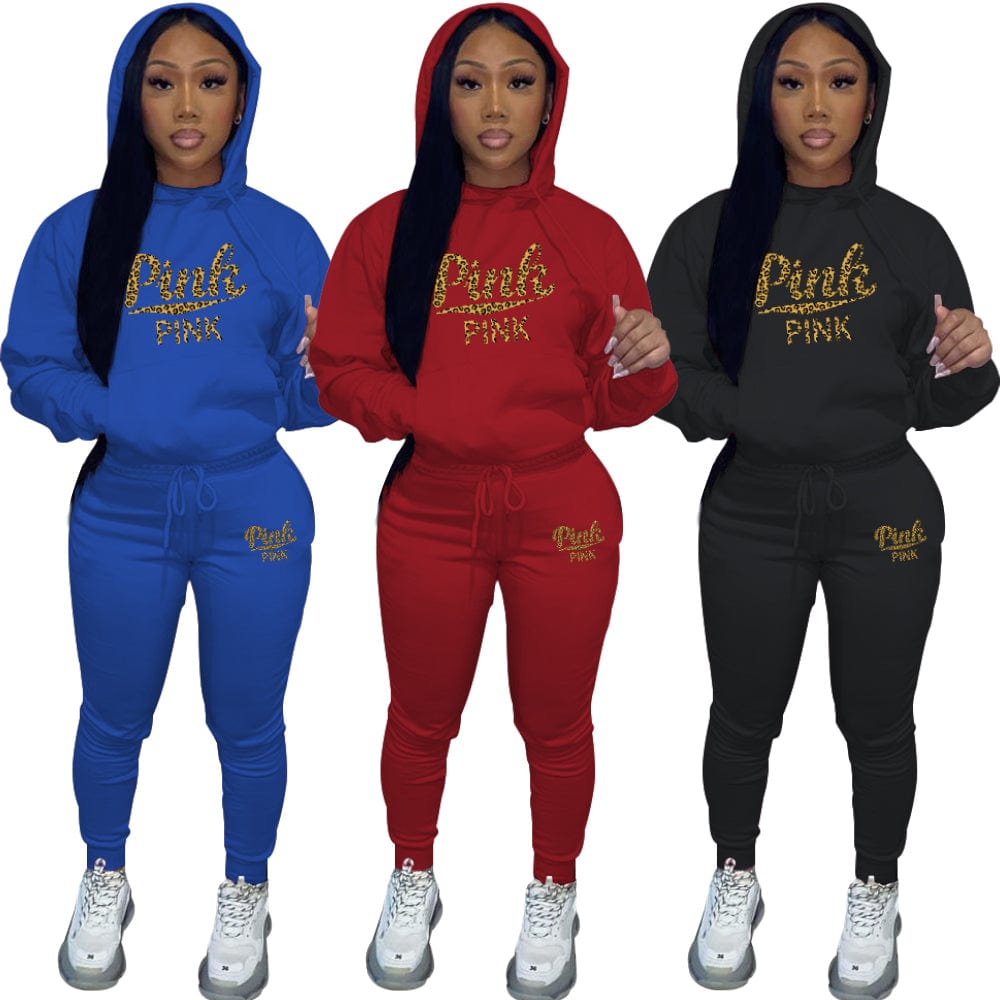 Trendy Women Clothes Casual Pocketed Printed Drawstring Hooded Collar Long Sleeve Two Pieces