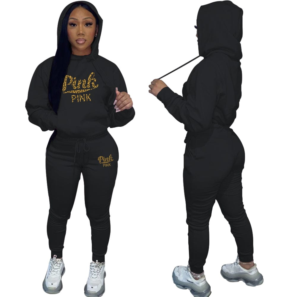 Trendy Women Clothes Casual Pocketed Printed Drawstring Hooded Collar Long Sleeve Two Pieces