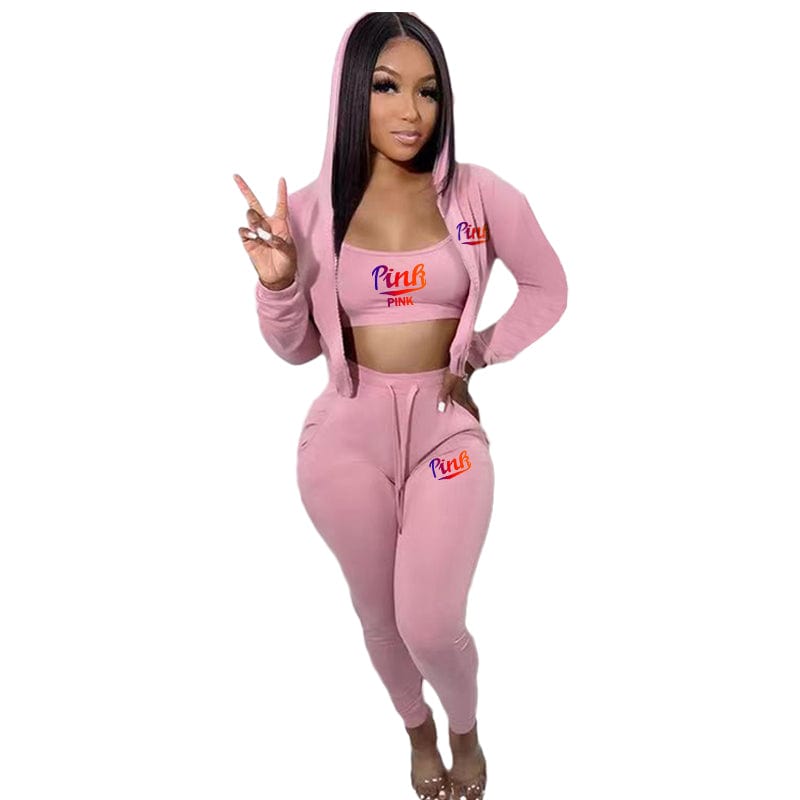 Trendy Women Clothes Casual Print Gradient Patchwork Sweatsuit Hooded Collar Long Sleeve Three Pieces